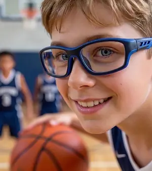 A young boy playing basketball wearing safety sports eyewear