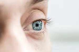 Close-up of a blue eye with long eyelashes