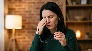 Woman rubbing her eye while holding eyeglasses