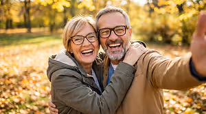 Smiling older couple wearing glasses and embracing during an autumn park selfie