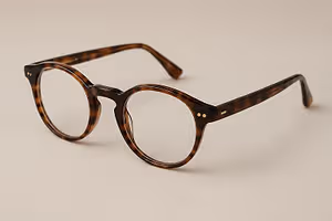 A pair of glasses with brown frames and clear lenses.
