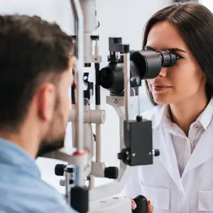 A woman wearing a white lab coat is examining a man's eyes with an ophthalmoscope