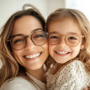 A woman and a young girl both wearing glasses are smiling and posing for a photograph.