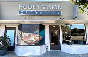 Exterior of the Hodges Vision Optometry store with a glass window displaying sunglasses and a potted plant on the side.