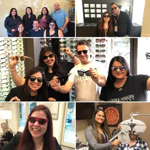 A collage of images featuring staff members at an eye care clinic, including a man holding sunglasses, a woman with an eye chart, and others wearing sunglasses, all smiling and posing for the camera.