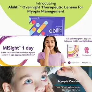 Image of a girl with her eyes closed, holding an eye drop bottle, with information about Abiliti Overnight Therapeutic Lenses for Myopia Management and MiSight 1 day for myopia control in children.