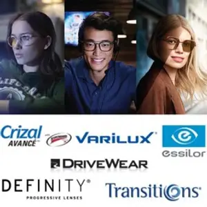 Three individuals are posing with their eyeglasses that have different brands and logos, including Crizial, Varilux, Essilor, DriveWear, and Transitions.