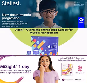 A flyer for Essilor's myopia management lenses, featuring two children and the text 'Slow down myopia progression.'