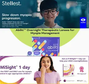 A flyer for Essilor's myopia management lenses, featuring two children and the text 'Slow down myopia progression.'