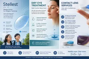 An infographic poster for Stellest lenses, featuring sections on myopia control, dry eye treatment, and contact lens services, including personalized care and advanced technology for eye health.
