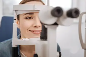 A woman wearing a blue denim jacket smiles while undergoing an eye exam using an ophthalmoscope.
