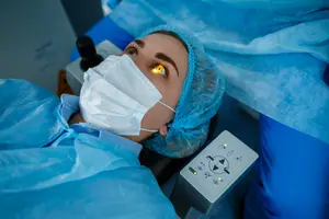 A woman undergoing a medical procedure with a mask and light on her face