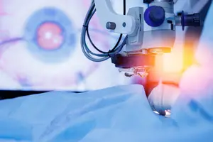 An eye surgery in progress with a microscope illuminating a patient's eye