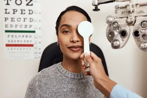 A woman in a gray sweater is getting her eye checked by a person in a blue long-sleeve shirt in an optical shop.