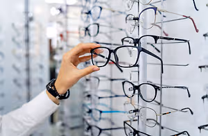 A person holding a pair of glasses while looking at a display of other glasses on a wall.