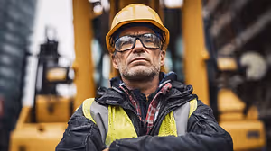 A construction worker wearing a reflective vest and safety glasses is standing in front of a yellow excavator, with a serious expression on his face.