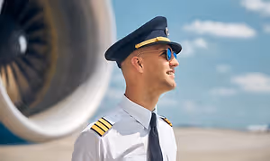 A pilot in uniform stands next to a plane on a sunny day