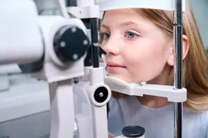 A young girl with long blonde hair is looking into an eye exam machine in an optical shop.