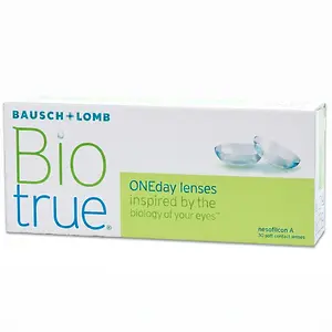 A box of Bausch + Lomb BioTrue ONEday lenses, which are soft contact lenses designed to mimic the biology of your eyes, contains 30 lenses.