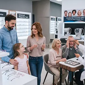 A family at an optometrist's office with a young girl trying on glasses and a woman helping an older man with his glasses.
