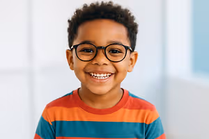 A young boy with curly hair wearing glasses and a striped shirt is smiling and looking at the camera.