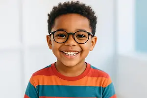 A young boy with curly hair wearing glasses and a striped shirt is smiling and looking at the camera.