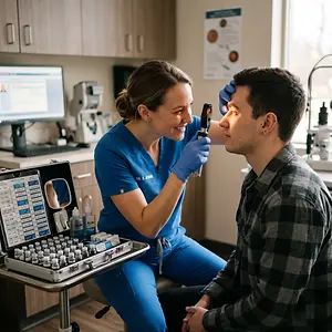 A woman optometrist checks a man's eye while wearing blue scrubs and gloves. She holds an instrument to his eye while he sits in a chair.
