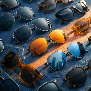 A collection of sunglasses displayed on a textured blue background