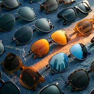 A collection of sunglasses displayed on a textured blue background