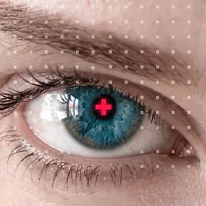 Close-up of a human eye with a red cross overlay, representing medical or health-related content.