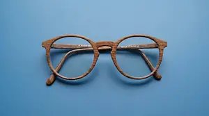 A pair of glasses with wooden frames and clear lenses are displayed on a blue background.