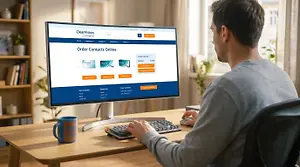 a man sitting at a desk using a computer to order contact lenses online