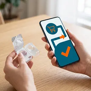 An image of hands holding a smartphone and contact lens pack, highlighting the convenience of online shopping.