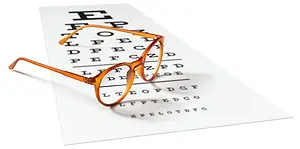 A pair of glasses on an eye test chart