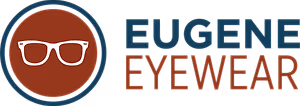 Eugene Eyewear logo featuring white glasses on a reddish background with blue and red text