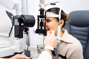 A woman undergoing an eye examination in a clinic with a camera focused on her eye.