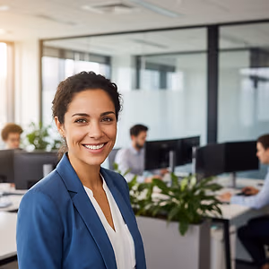 An adult woman in a blue suit stands in an office and smiles