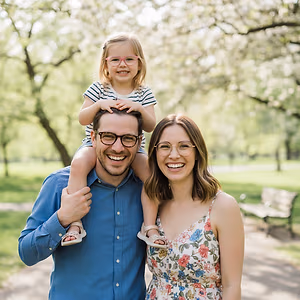 A family of three, including a little girl with glasses, are smiling and standing close together in a park with trees and grass in the background.