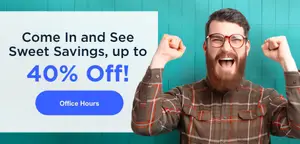 A man celebrates next to a poster that reads 'Come In and See Sweet Savings, up to 40% Off!', with the words 'Office Hours' in a blue button at the bottom.