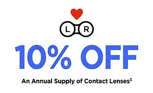 10% off annual supply of contact lenses, depicted with a red heart and black glasses icon