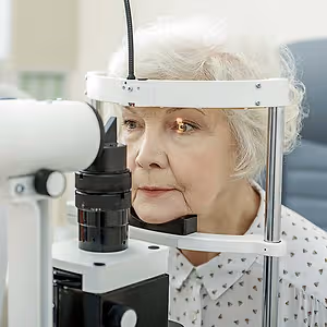 Old woman sitting in a chair undergoing an eye exam