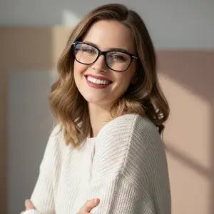 Woman wearing glasses and a white sweater smiling