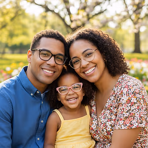A portrait of a family in a park smiling, all three wearing eyeglasses