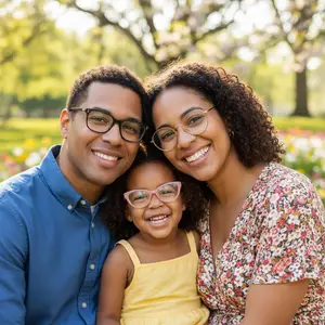 A portrait of a family in a park smiling, all three wearing eyeglasses