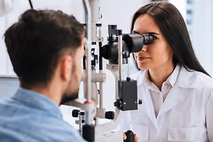 A woman wearing a white lab coat is examining a man's eyes with an ophthalmoscope.