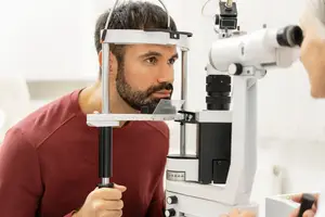A man is examining his eyes with a woman holding a microscope.