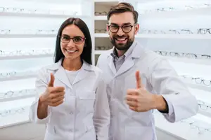 Two people wearing white lab coats and glasses are standing inside a store and giving a thumbs up