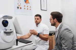 An ophthalmologist examines a patient using an eye examination machine