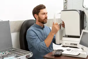 A man is sitting in front of a desk with a machine and holding a machine in his hand.