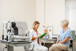 An adult woman is sitting on a chair while a woman in a white coat is holding a pen and paper in her hand and looking at the woman sitting on a chair.